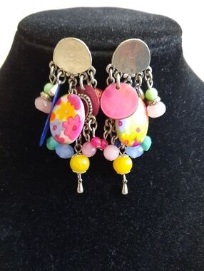Colorful Floral Dangle Earrings - Pink, Yellow & Multicolor